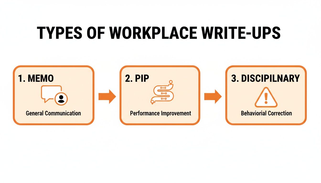 An infographic detailing three types of workplace write-ups: Memo, PIP, and Disciplinary.