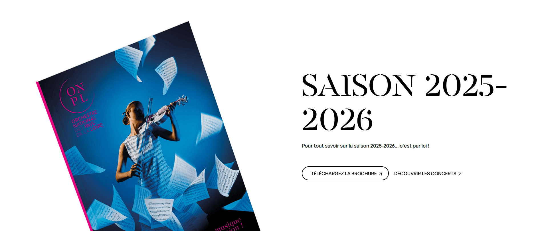 Une section présentant la nouvelle saison de concerts de l'année 2025-2026, présente sur le nouveau site internet de l'Orchestre National des Pays de la Loire.