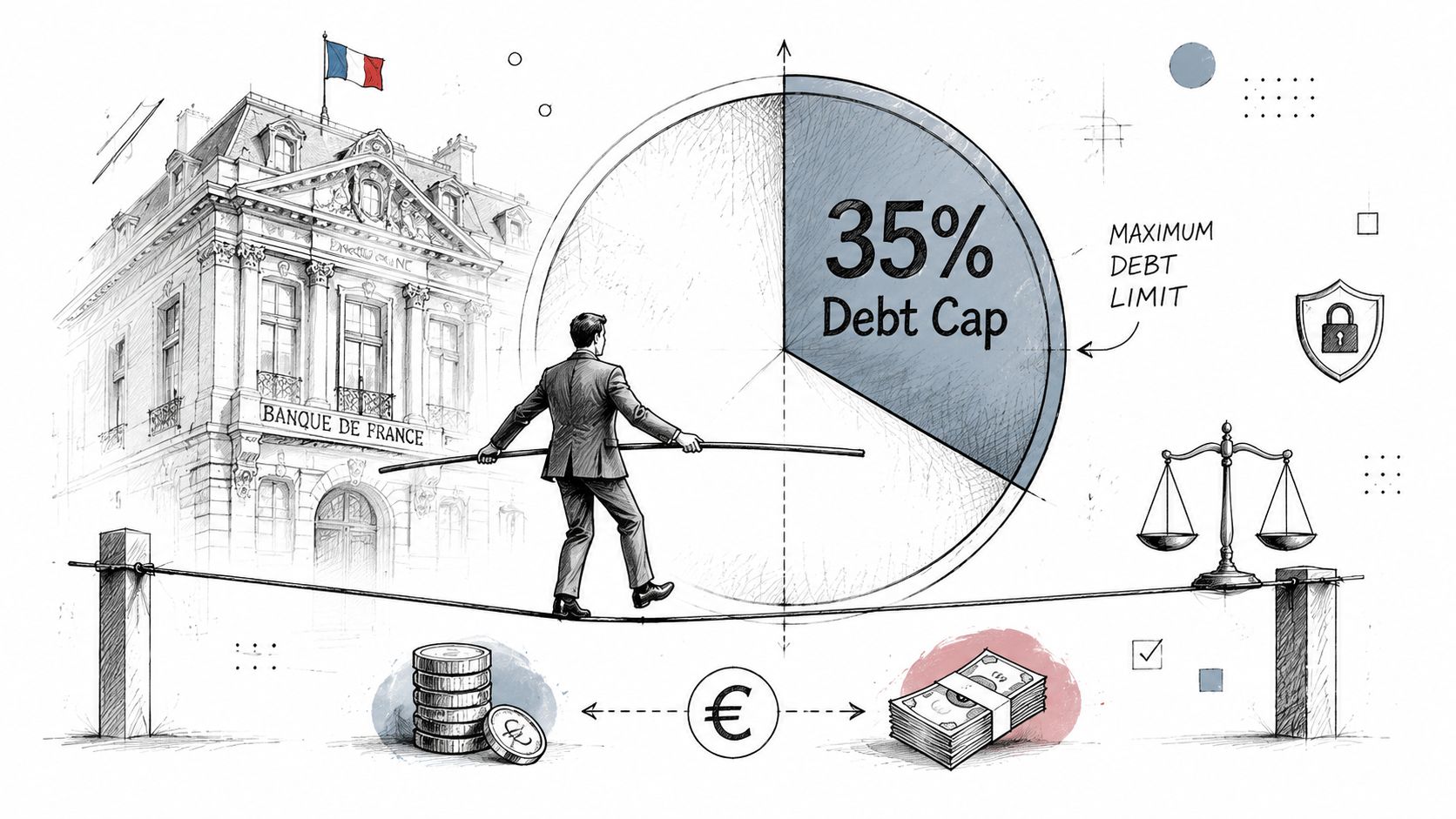 A businessman balancing on a tightrope in front of the Banque de France with a debt cap graphic.