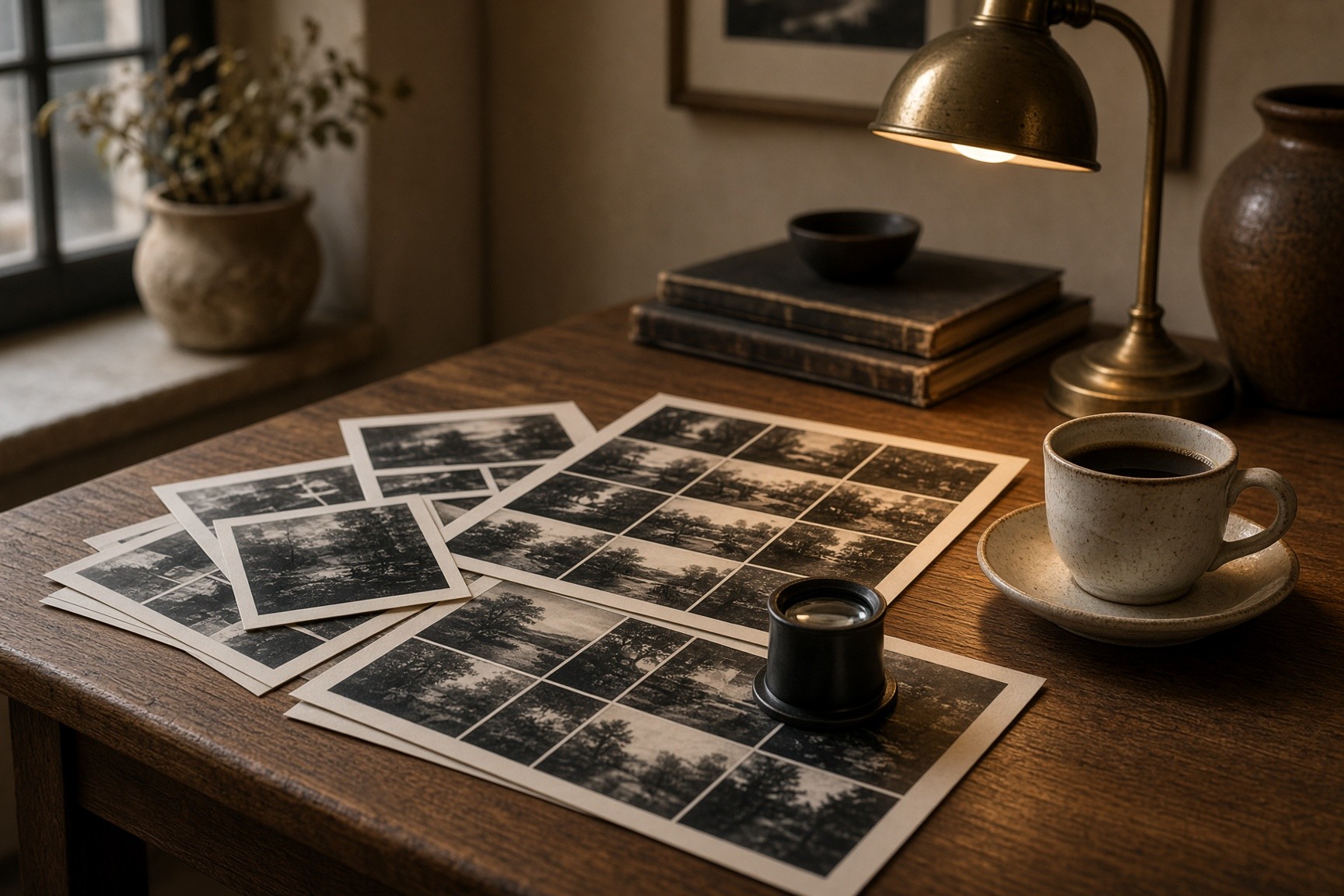 Contact sheets on the oak desk