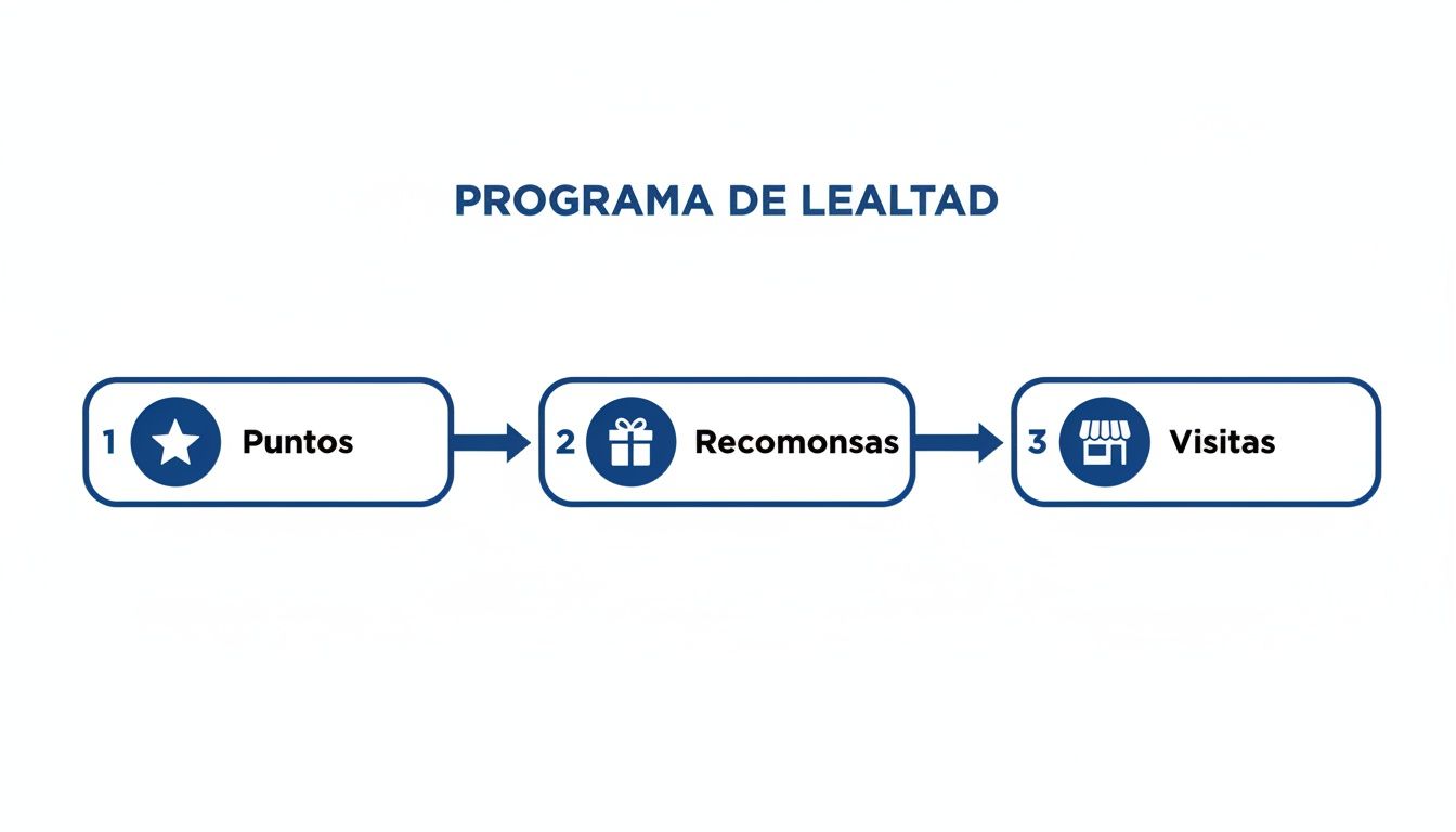 Diagrama de un programa de lealtad con tres pasos: acumular puntos, recibir recompensas y aumentar visitas.