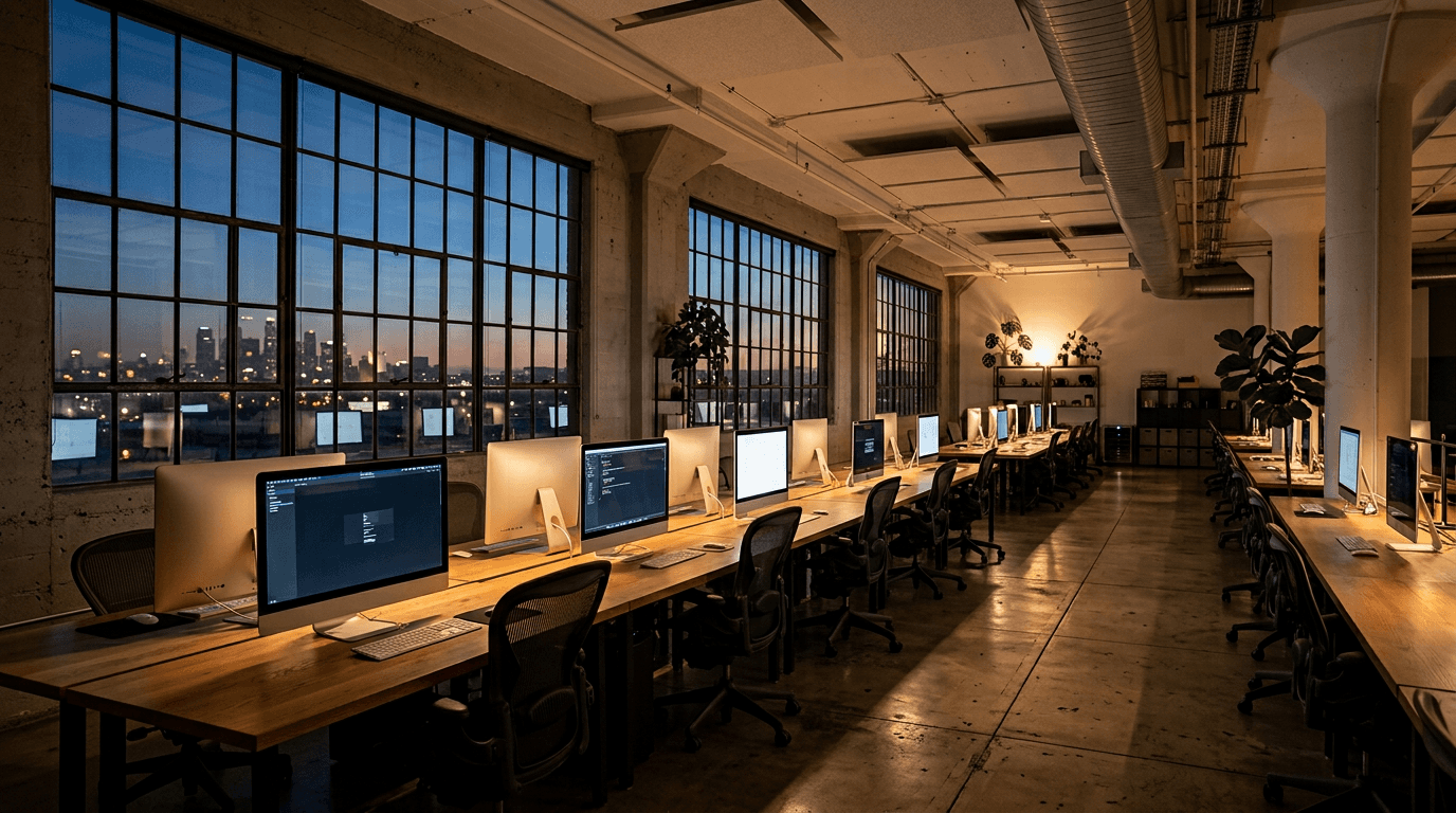 The Volkra studio floor at dusk.