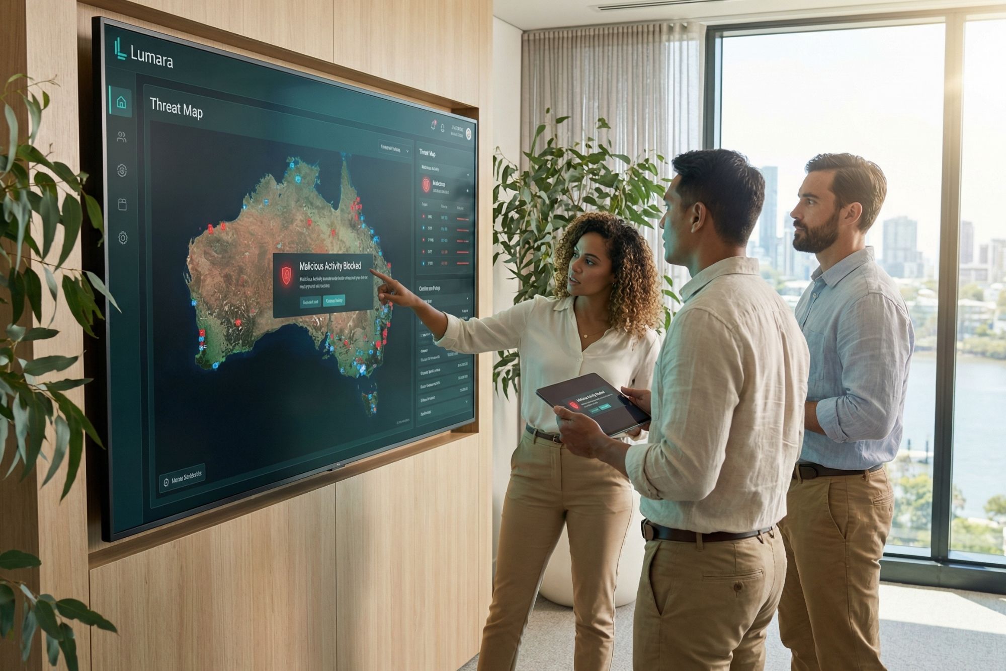 Security analysts looking at lumara threat detection on large screen