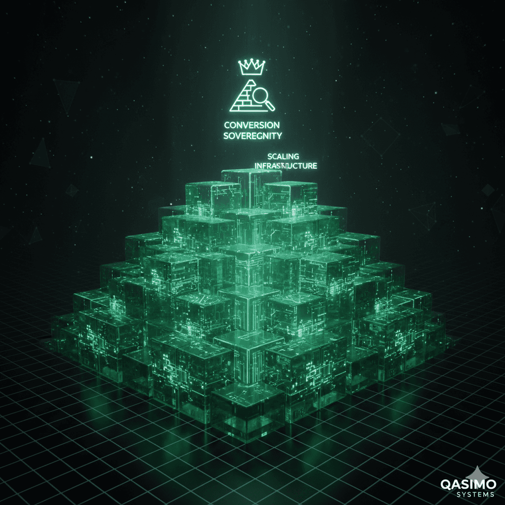 A clean, minimalist dashboard showing how the Qasimo Systems scaling engine achieves 100% operational calm for high-ticket coaches through automation.