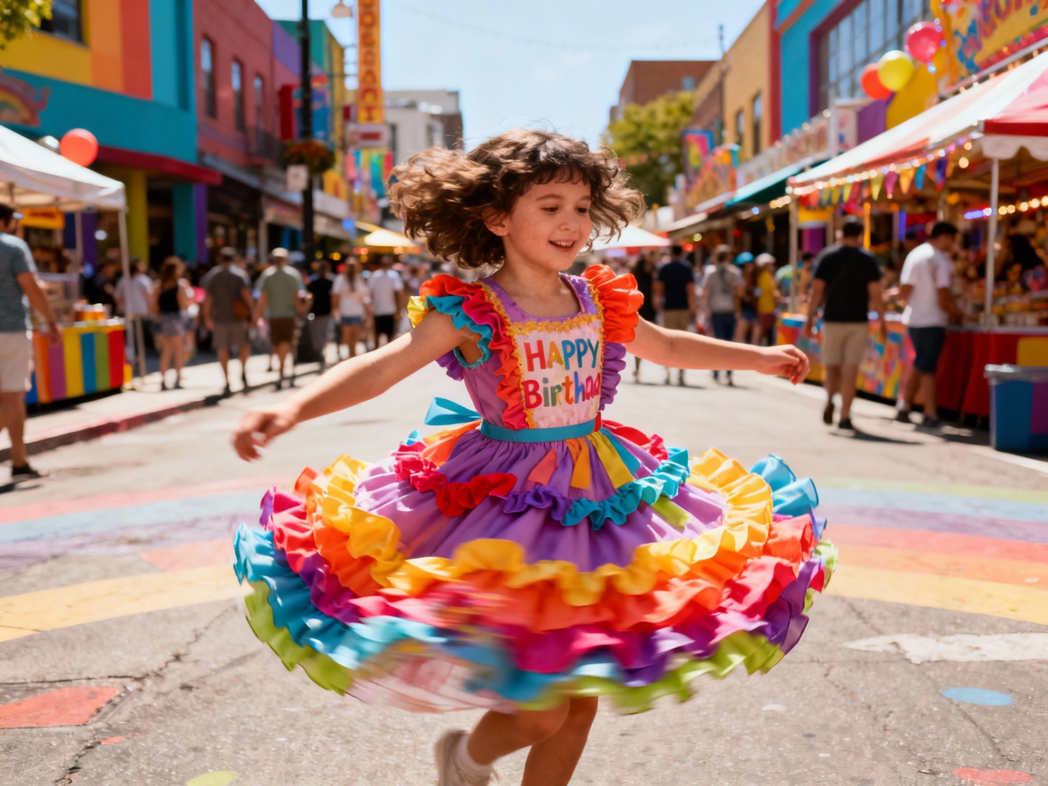 An expansive view of a child in a vibrant, ruffled birthday dress twirling joyfully in the middle of