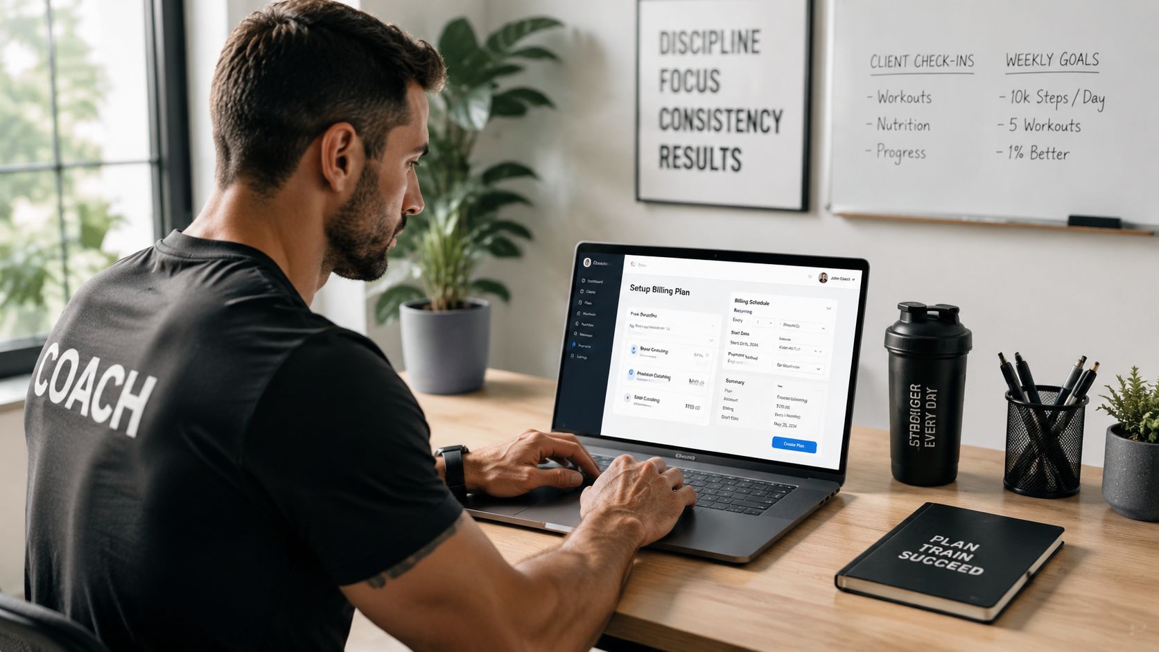 A fitness coach using a laptop to set up recurring billing plans for online coaching clients.