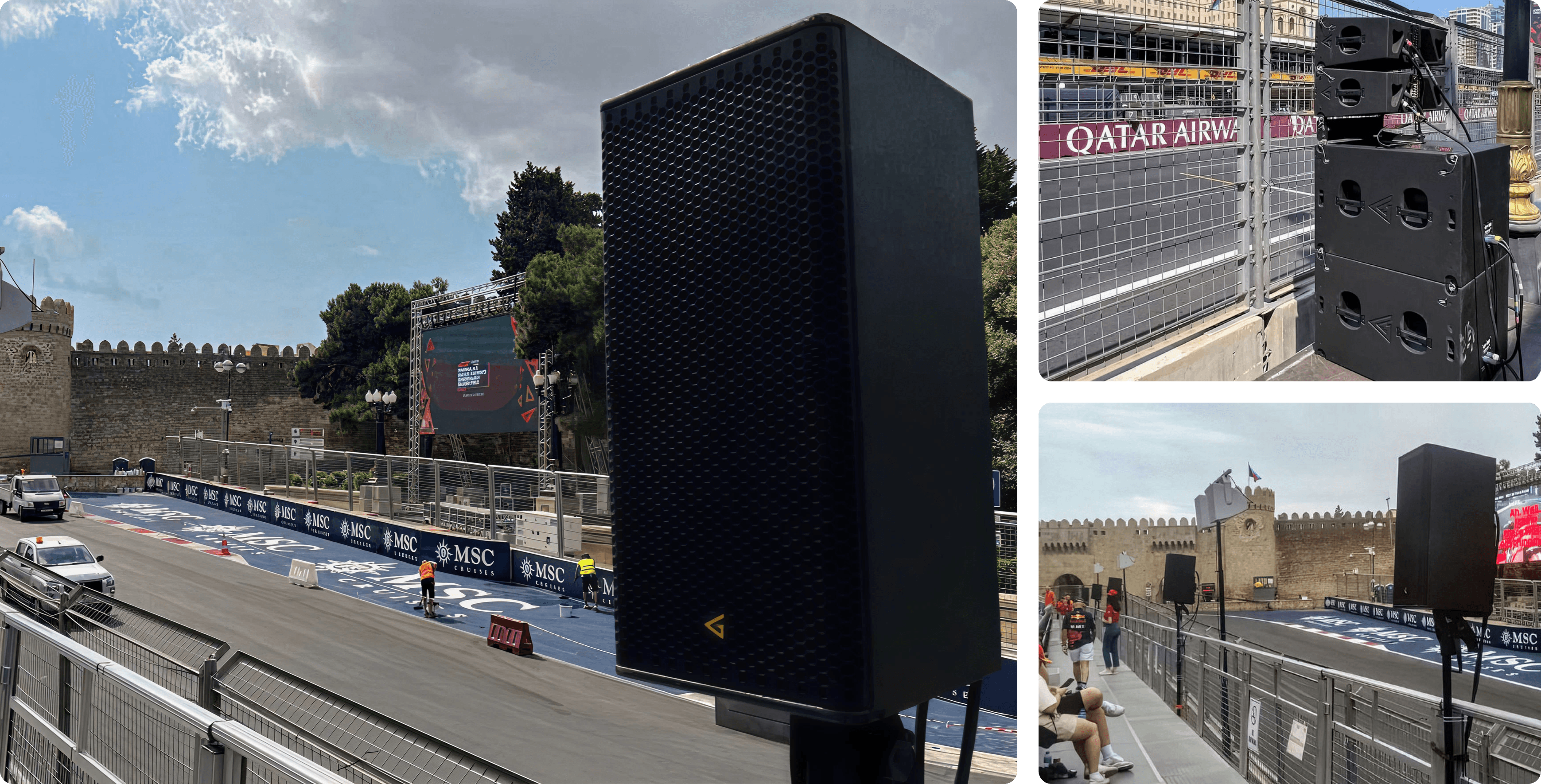 PA speakers on a racetrack, Qatar Airways signage