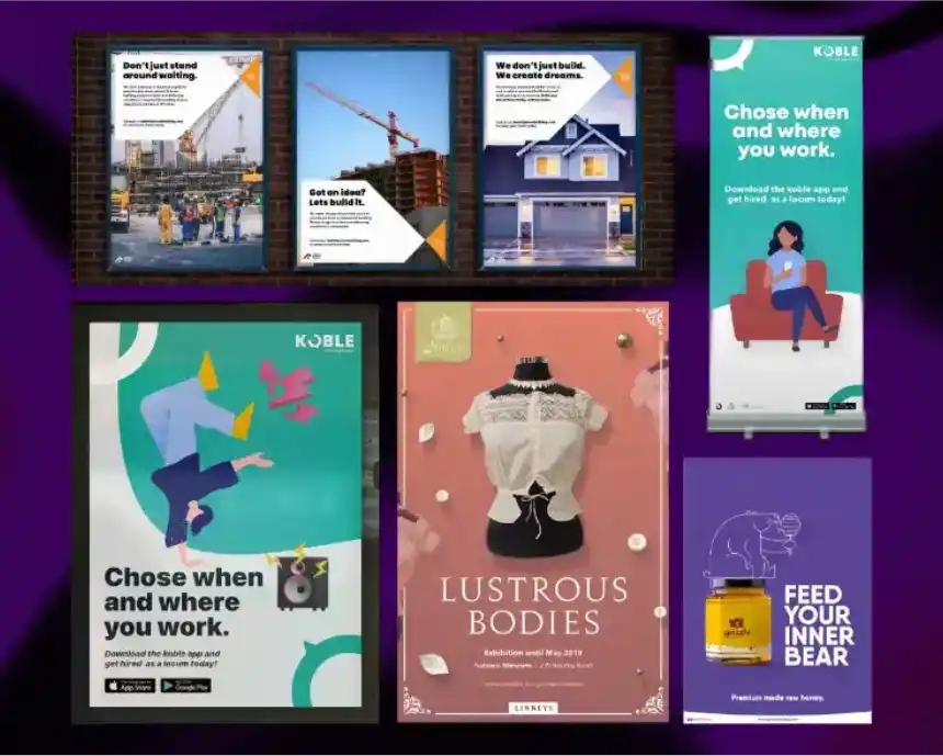 A collection of event and exhibition marketing materials, including two purple "Grizzly Honey" pull-up banners, a "Lustrous Bodies" museum exhibition poster, and a "KOBLE" brand banner featuring a flat-design illustration of a person sitting on a sofa using a smartphone.