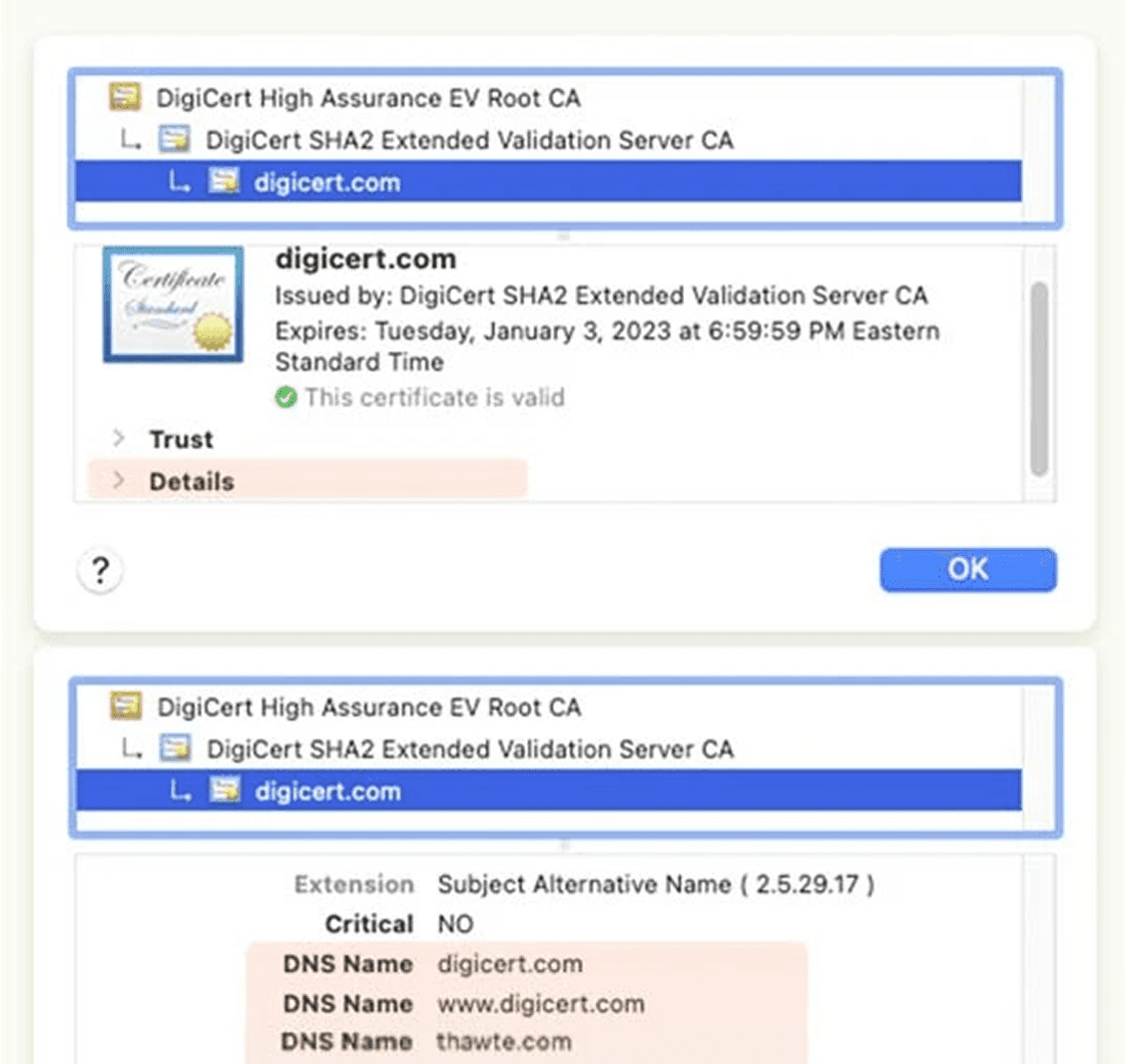 A screengrab of a webpage showing SSL certification.