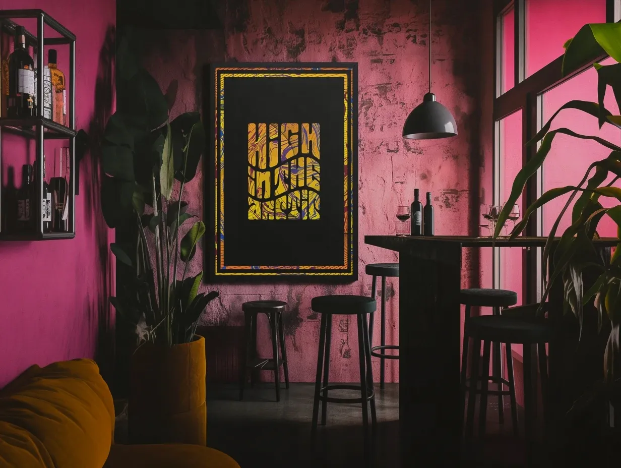 Poster design on the wall inside a bar