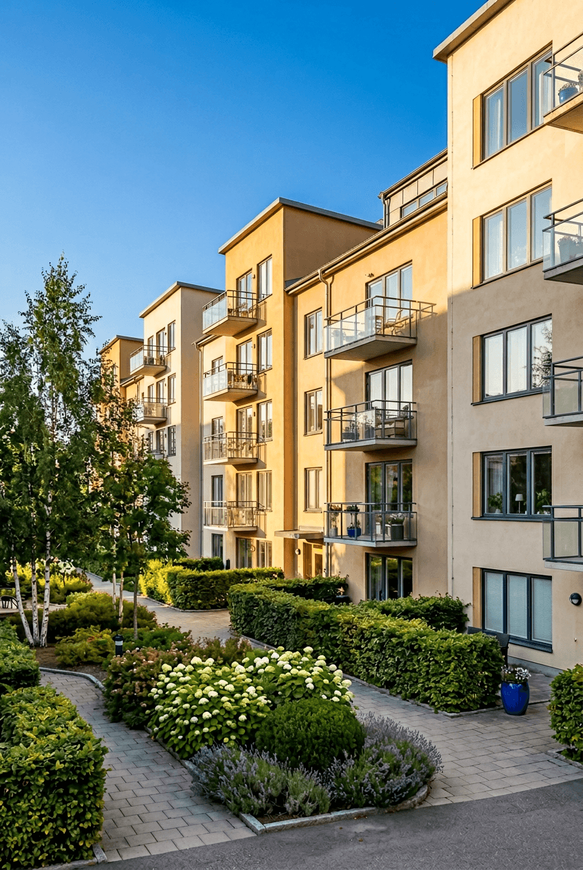Modern two-story house with glass railings and stone facade, surrounded by desert landscaping. Prominent "For Sale" sign in the foreground under a clear blue sky.