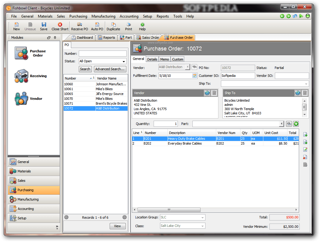 Managing a purchase order inside Fishbowl client 