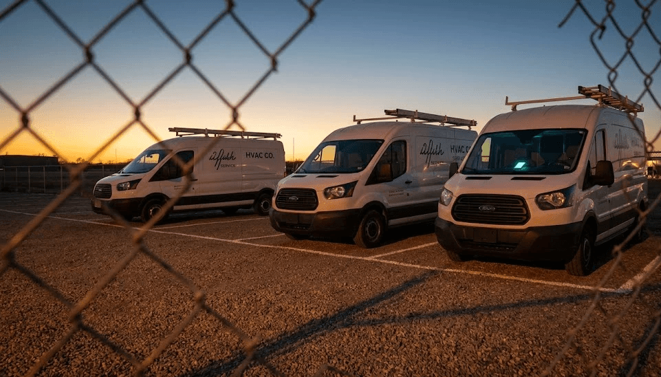HVAC service trucks parked unused while phone rings inside — represents the bottleneck of solo owner-operators losing jobs.