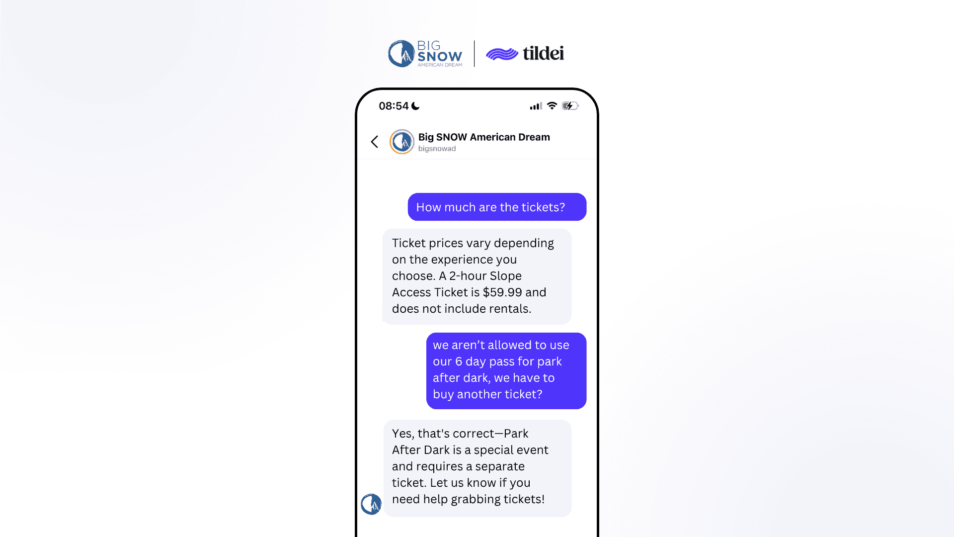 Mobile chat screenshot showing a guest asking Big SNOW American Dream about ticket prices on Instagram DM, with an AI assistant providing pricing details for the 2-hour Slope Access Ticket and clarifying that Park After Dark requires a separate ticket from the 6-day pass.
