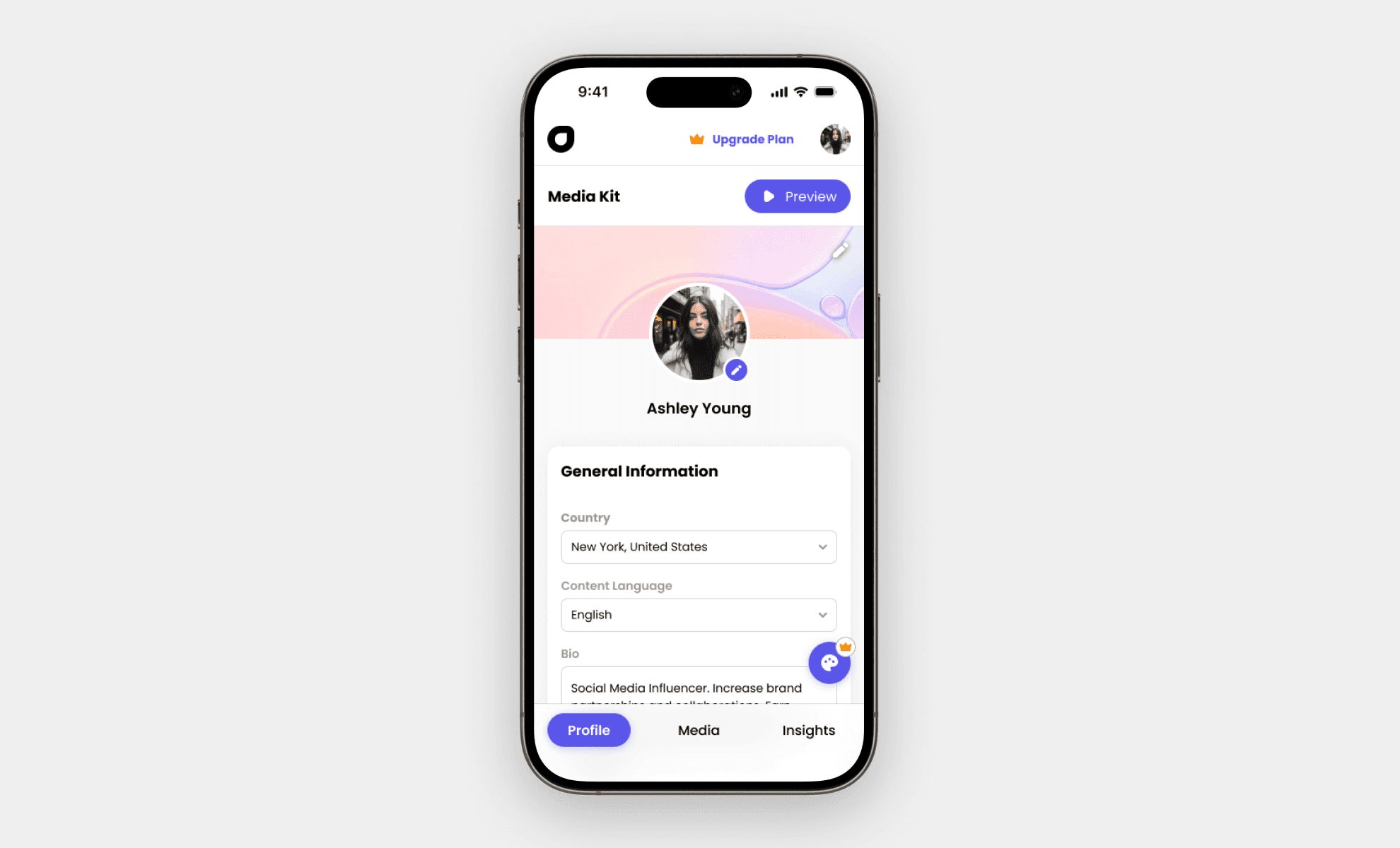 MVP-Media-Kit-Profile: A profile setup screen where users enter general information such as country, language, and niche, with tabs for Profile, Media, and Insights.