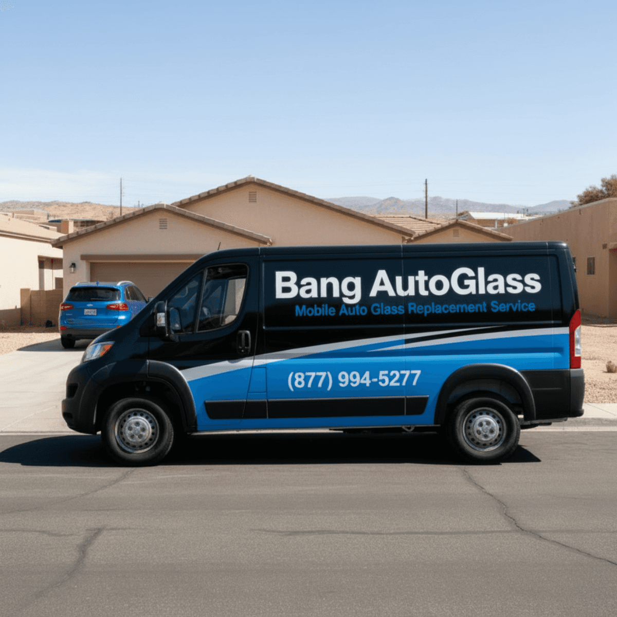 Bang AutoGlass technician van parked curbside in a Chandler, AZ subdivision ahead of a windshield replacement appointment