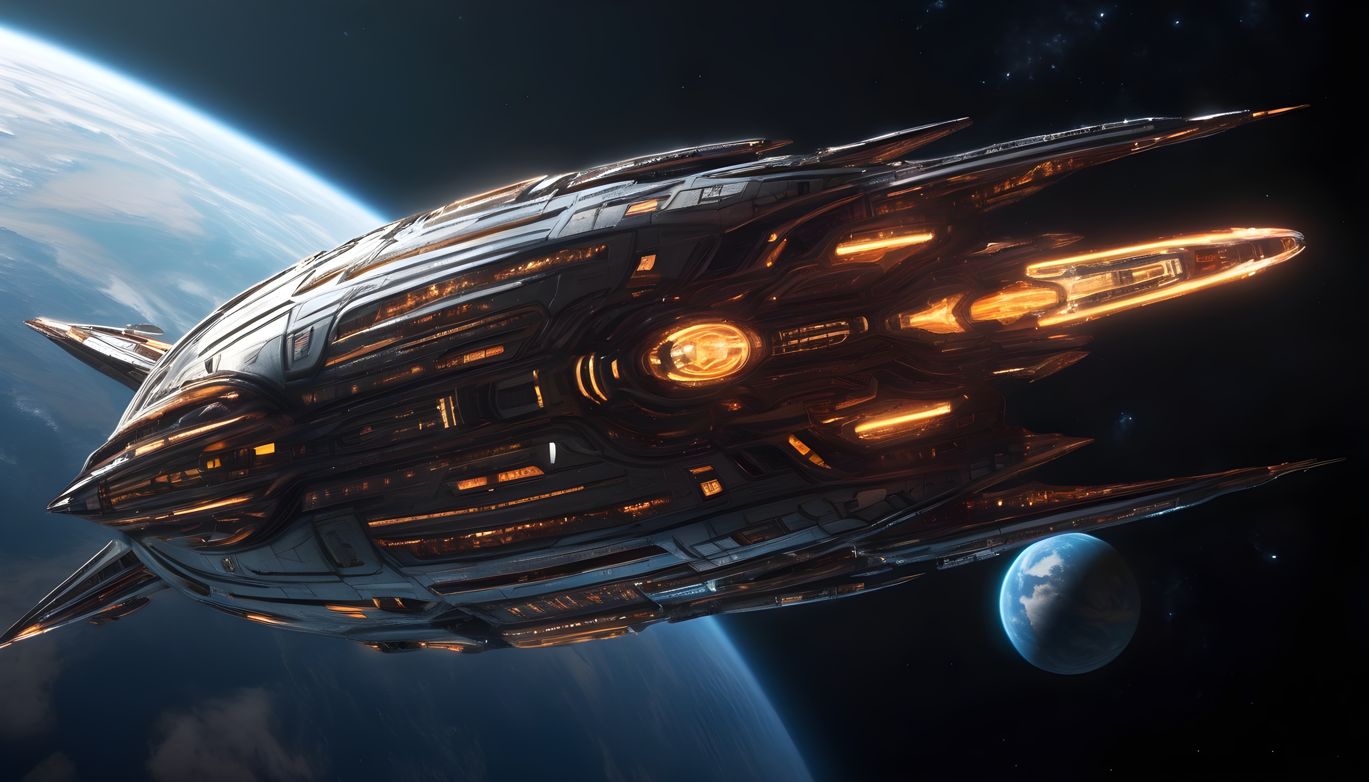 A sleek dark ship with amber lights entering orbit