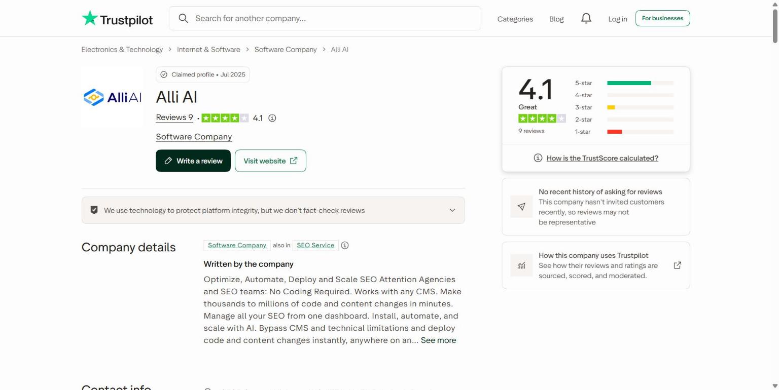 Alli AI's Trustpilot profile showing a 4.1 TrustScore from 9 reviews, with 67% five-star and 22% one-star ratings