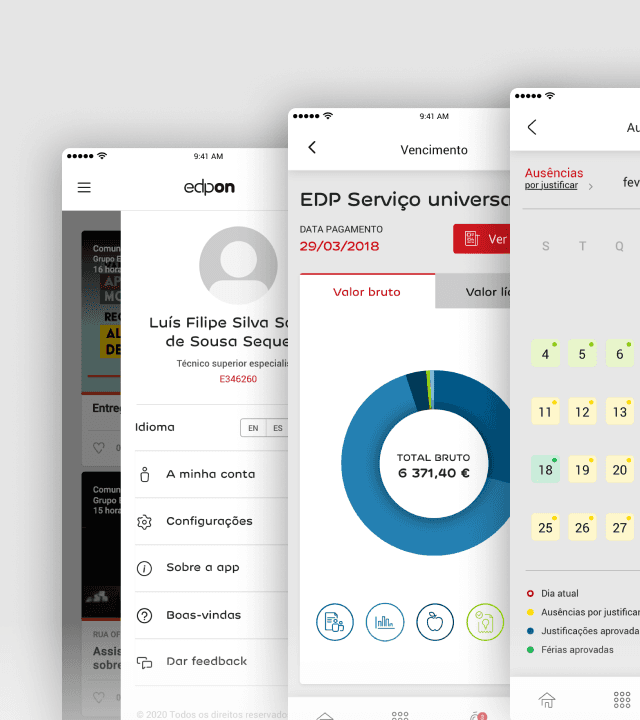 Three smartphone screens displaying various app interfaces, including graphs, buttons, and metrics.