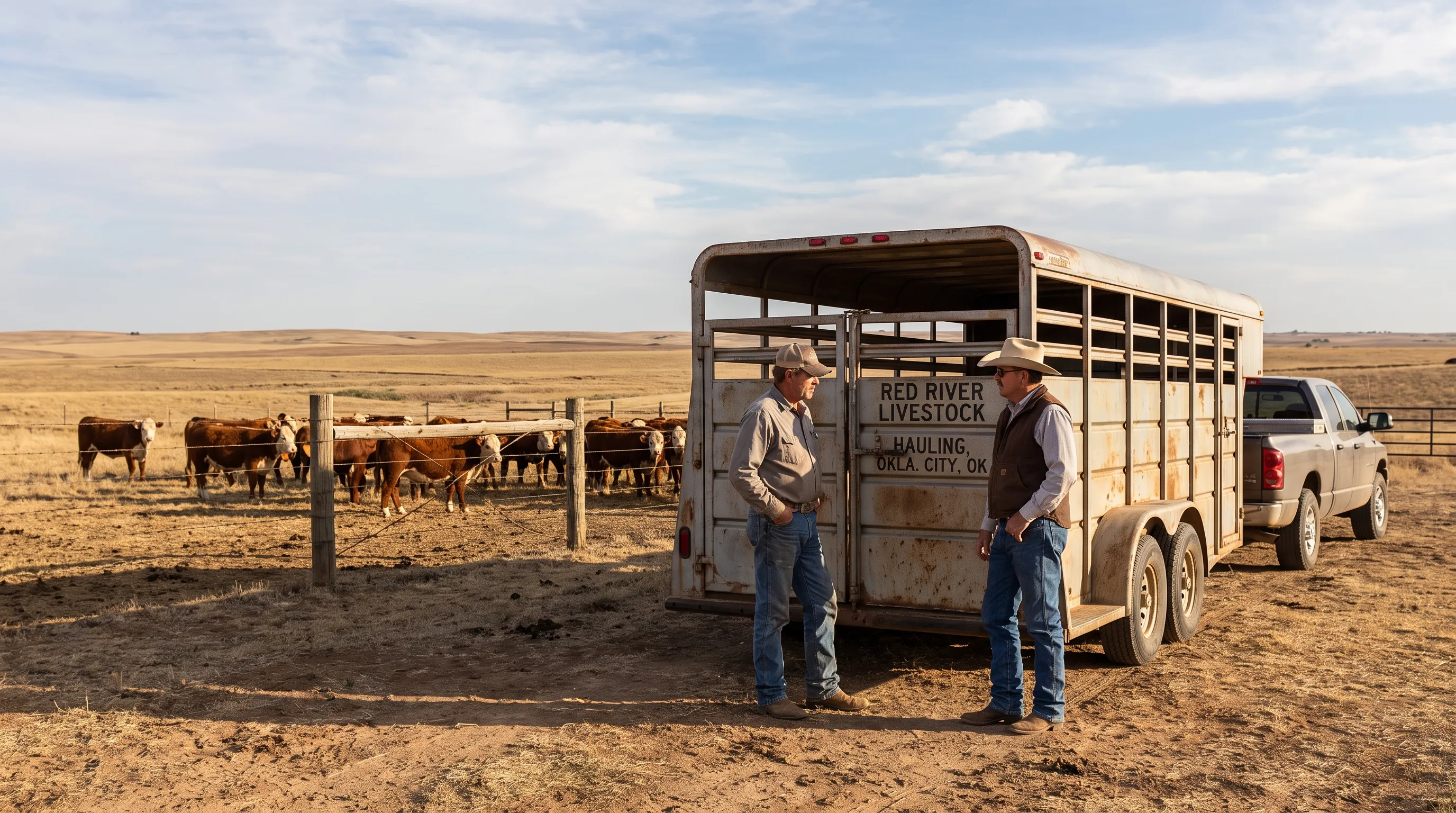 At a Southern Plains ranch, a hauler and ranch manager discuss a repeat cattle pickup beside a parked stock trailer and fenced pasture.