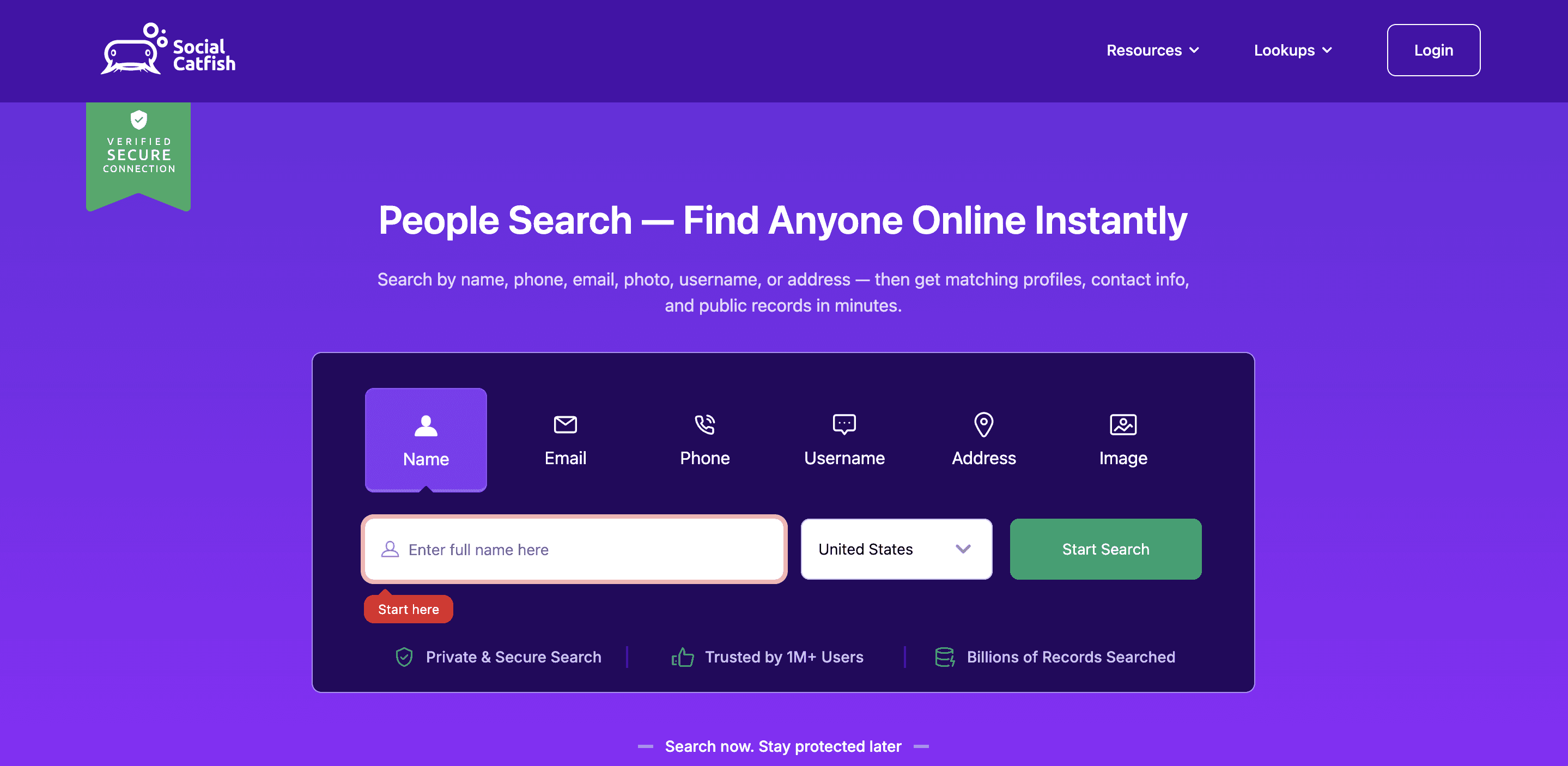 social Catfish Landing page