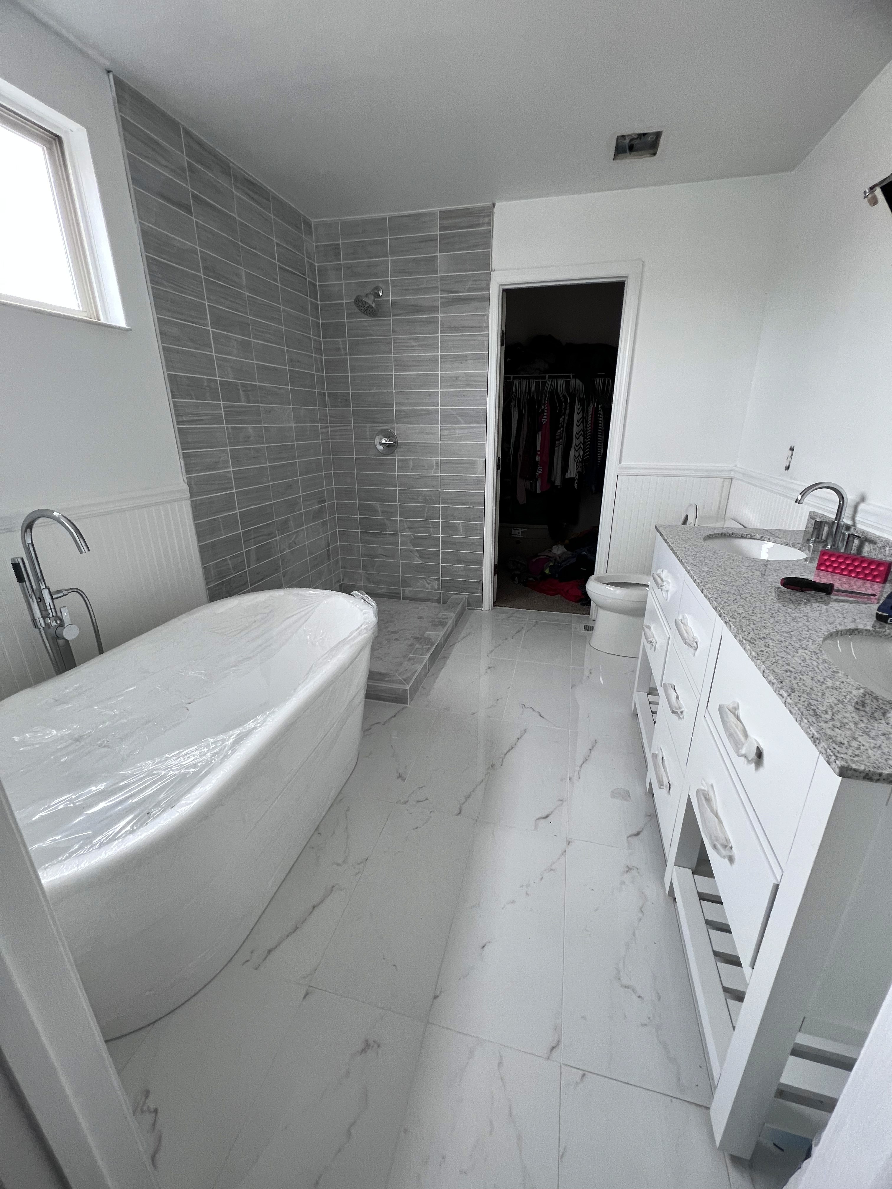 Subway Tile Corner Shower with Adjacent Soaking Tub