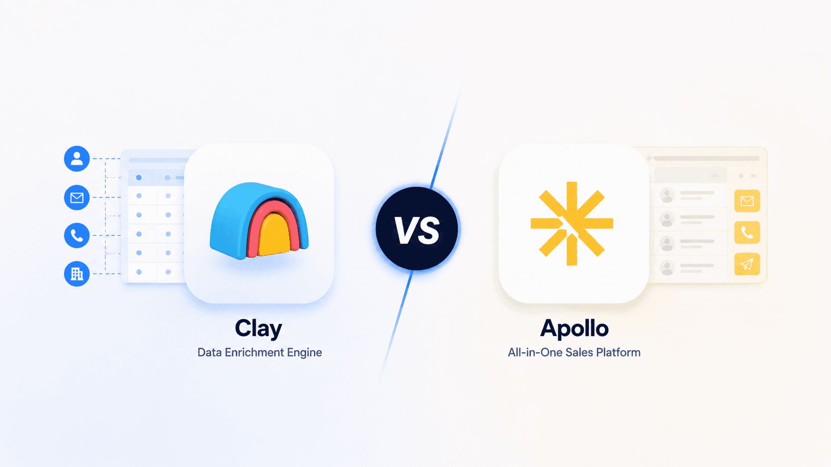 Minimal 16:9 comparison graphic featuring Clay and Apollo on a clean off-white background with soft gradients and generous white space. A centered dark circular “VS” icon separates two rounded cards: Clay on the left with subtle blue data-enrichment visuals and Apollo on the right with understated gold outreach and prospecting visuals. The design uses muted blue and gold accents, soft shadows, and a modern SaaS aesthetic focused on clarity, simplicity, and outbound sales technology.