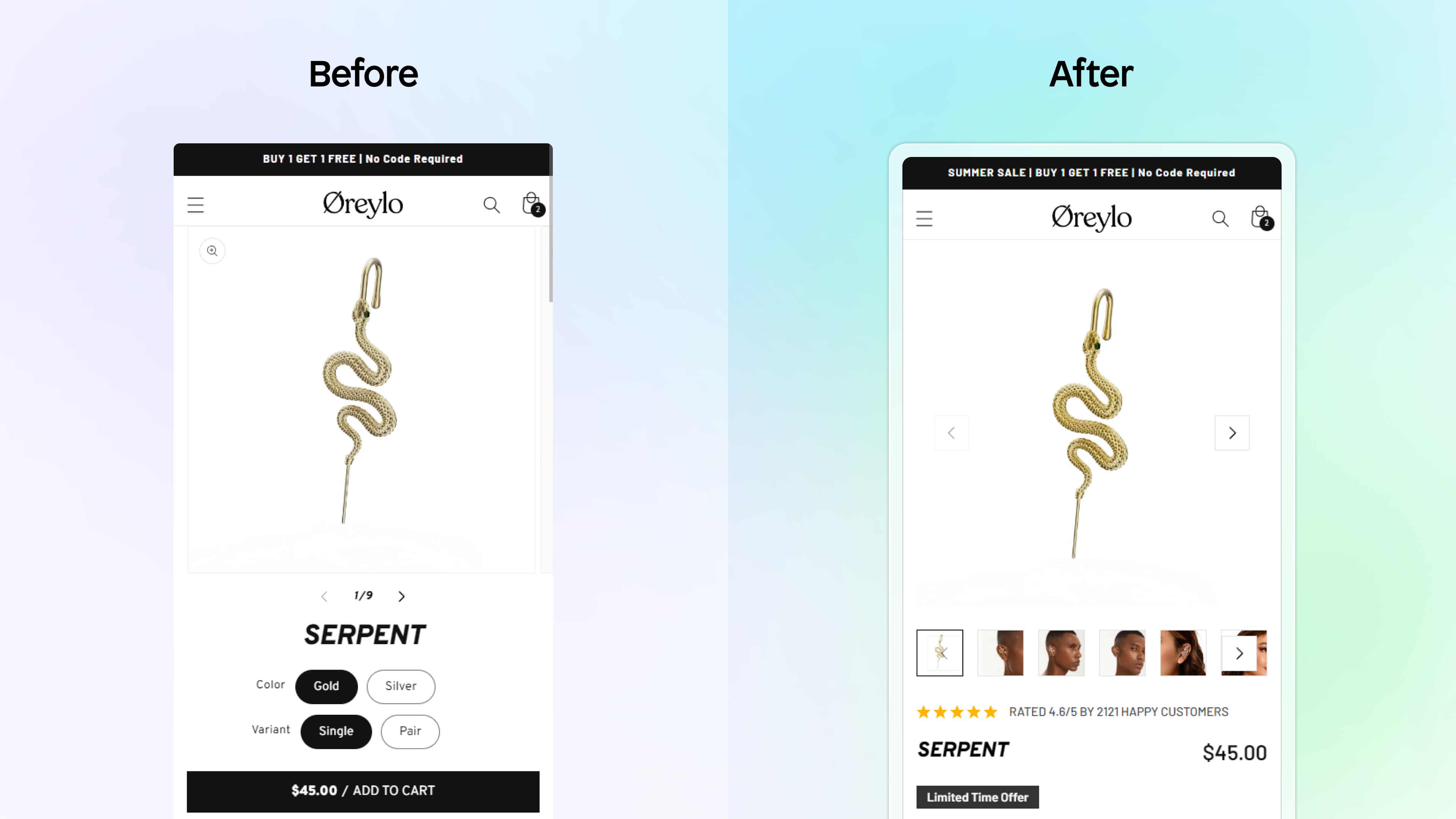 oreylo before and after shopify pdp buy box design