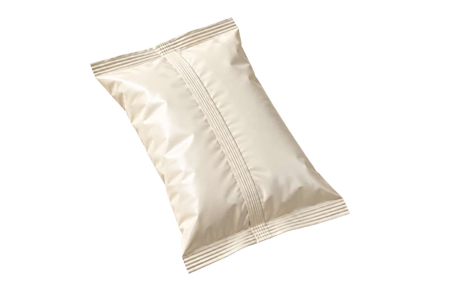 Product visualization of a pillow pouch viewed from the back, showing the central fin seam and two end seals, isolated on a transparent background.