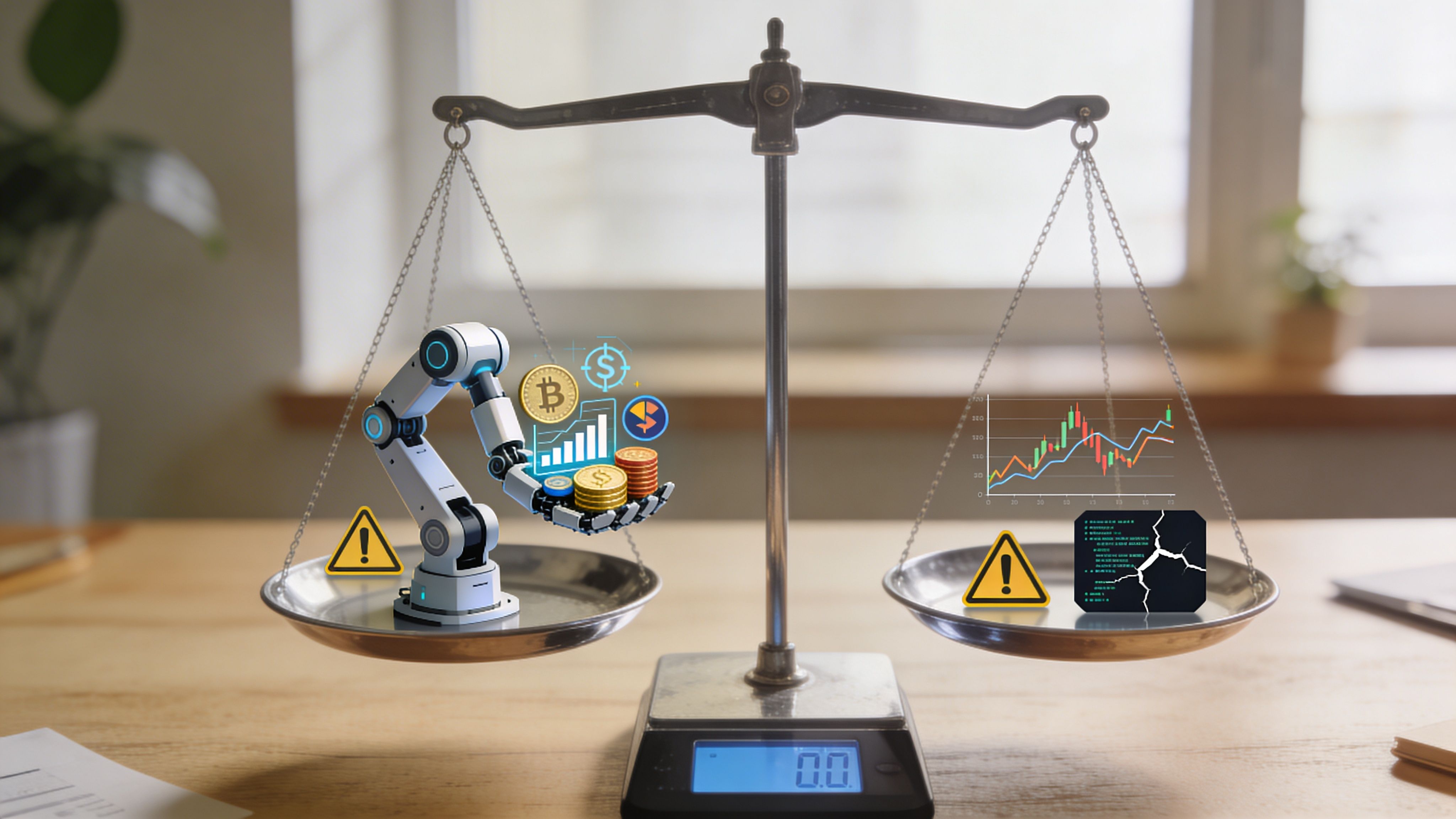 A mechanical robotic arm holding digital currency icons balanced against a stock market graph on a scale.