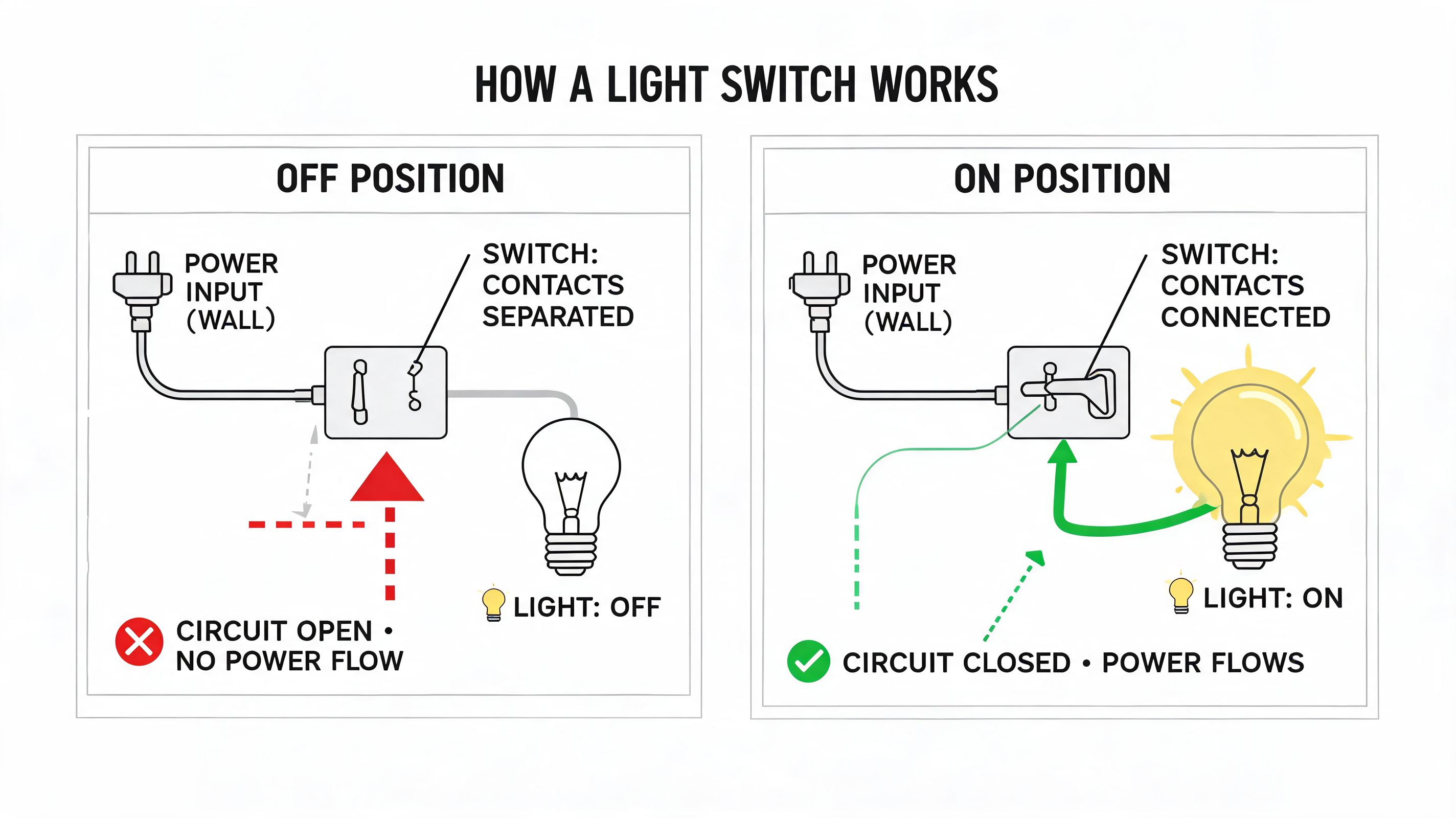 A diagram comparing the off and on positions of a light switch circuit to show power flow.