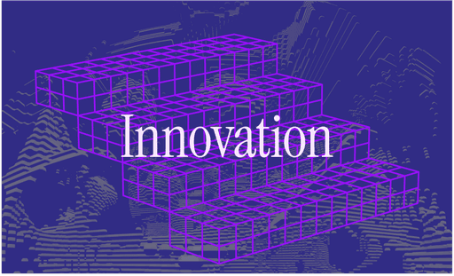 Purple 3D stacked cube structure with the word Innovation in the center.