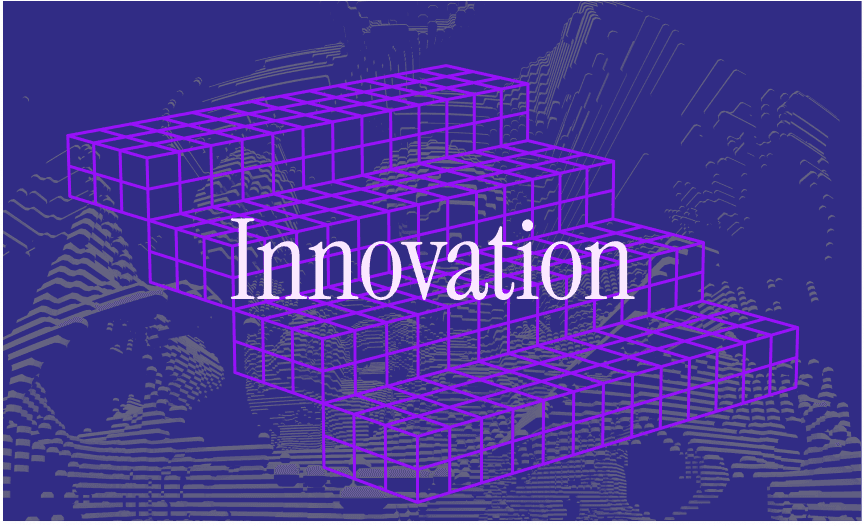 Purple 3D stacked cube structure with the word Innovation in the center.