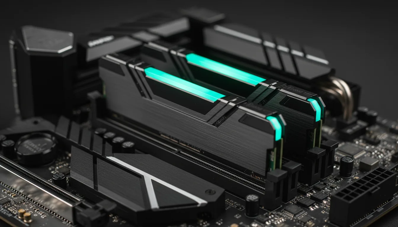 DSLR product photography, a cinematic close-up of two high-performance RGB RAM modules seated in a dark, high-end gaming motherboard. Soft studio lighting with deep contrast highlights the brushed black metal texture of the RAM heat spreaders and the angular design of the matte black motherboard heatsinks. The RGB lighting on the RAM casts a vibrant green-to-cyan gradient glow. The focus is razor-sharp on the foreground RAM stick, with a shallow depth of field creating a smooth bokeh blur on the intricate motherboard components in the background.