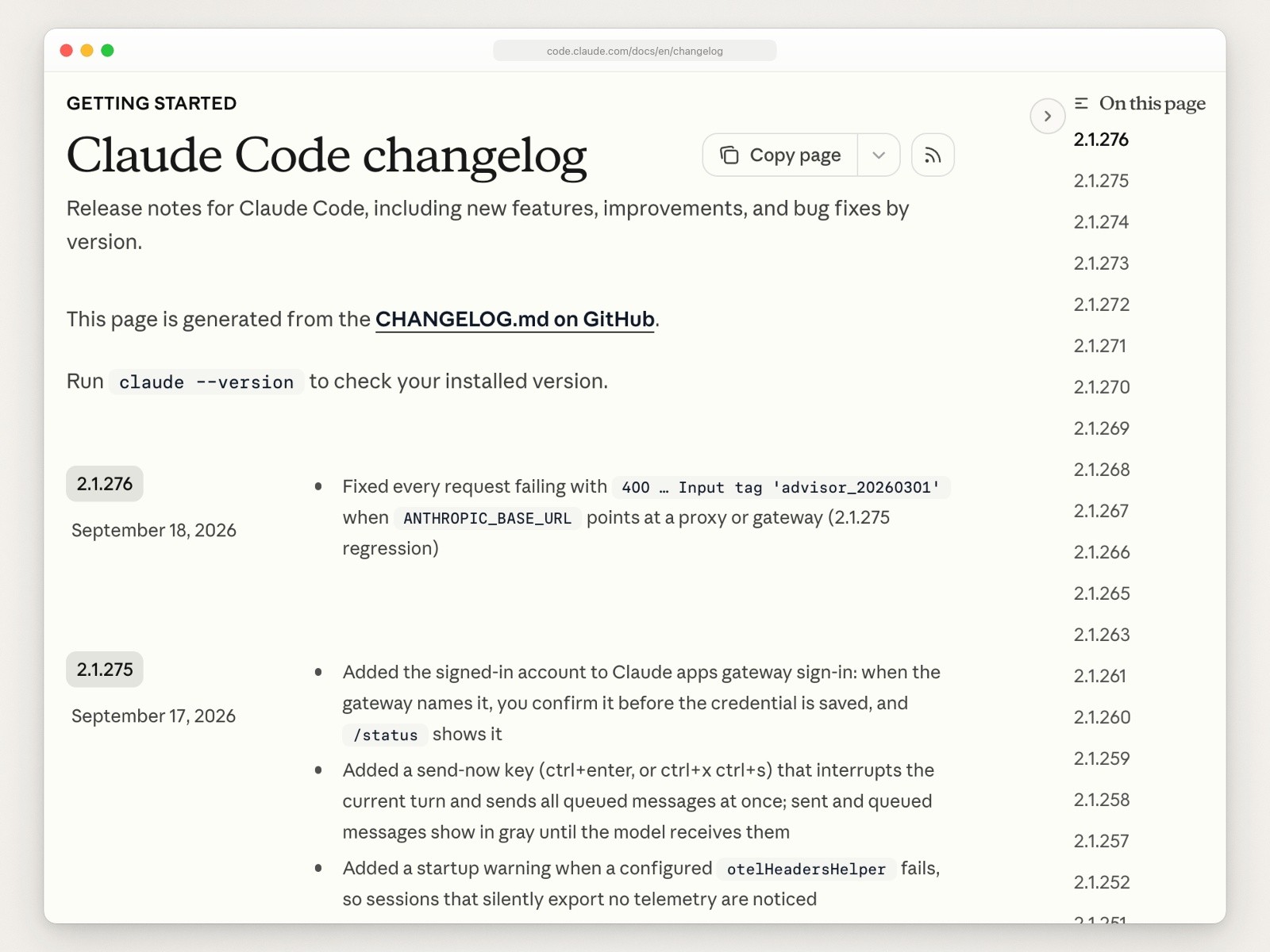 The Claude Code changelog page with a note that it is generated from CHANGELOG.md on GitHub, an instruction to run claude --version, two dated releases and a column of version numbers on the right