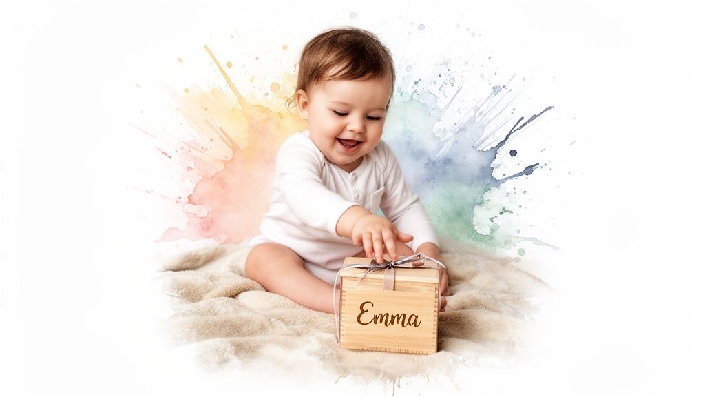 A happy baby playing with a personalized wooden gift box named 'Emma' on a blanket with colorful watercolor splashes.