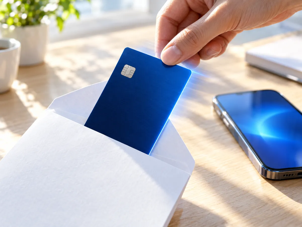 Eine Hand zieht eine neue blaue Karte aus dem Umschlag auf einem sonnigen Schreibtisch, daneben ein Smartphone.