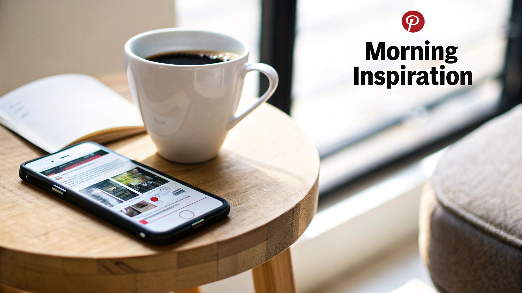 Morning inspiration with coffee, a smartphone displaying content, and a notebook on a small wooden table.