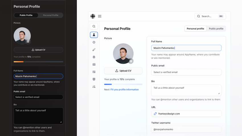 Responsive settings dashboard UI design in Figma with editable layout and form components