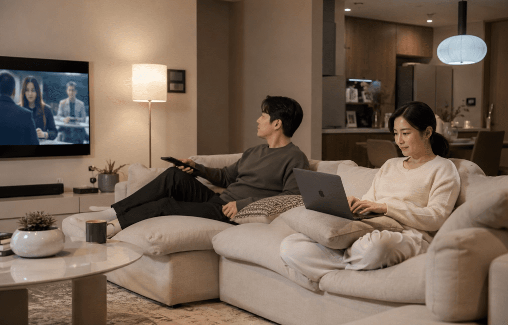 아늑한 거실에서 남성은 소파에 기대어 리모컨으로 TV를 시청하고, 여성은 소파 위에 앉아 노트북으로 작업을 하고 있는 평화로운 2인 가구의 홈 라이프 모습입니다.
