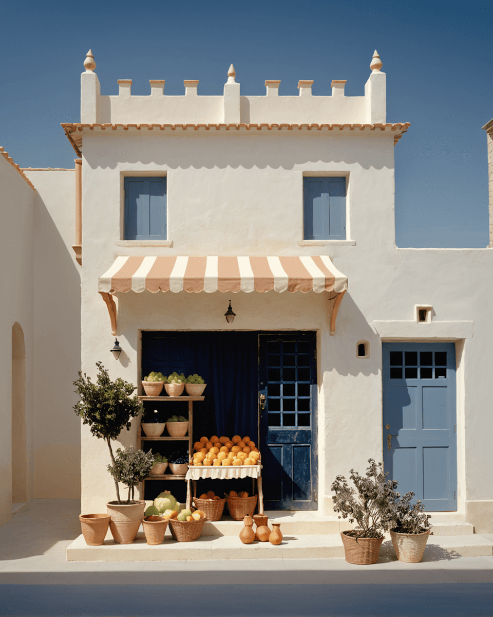 Charming Mediterranean-style house with a striped awning and a small fruit stand displaying oranges and potted plants