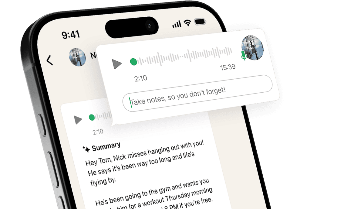 Phone mockup with AI summary of a voice message and notetaking for voice message feature on the screen.