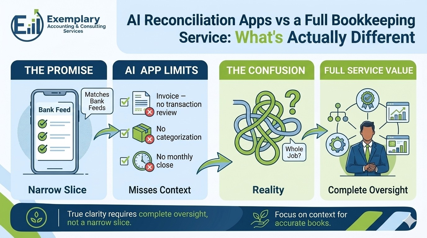 AI Reconciliation Apps vs a Full Bookkeeping Service: What's Actually Different