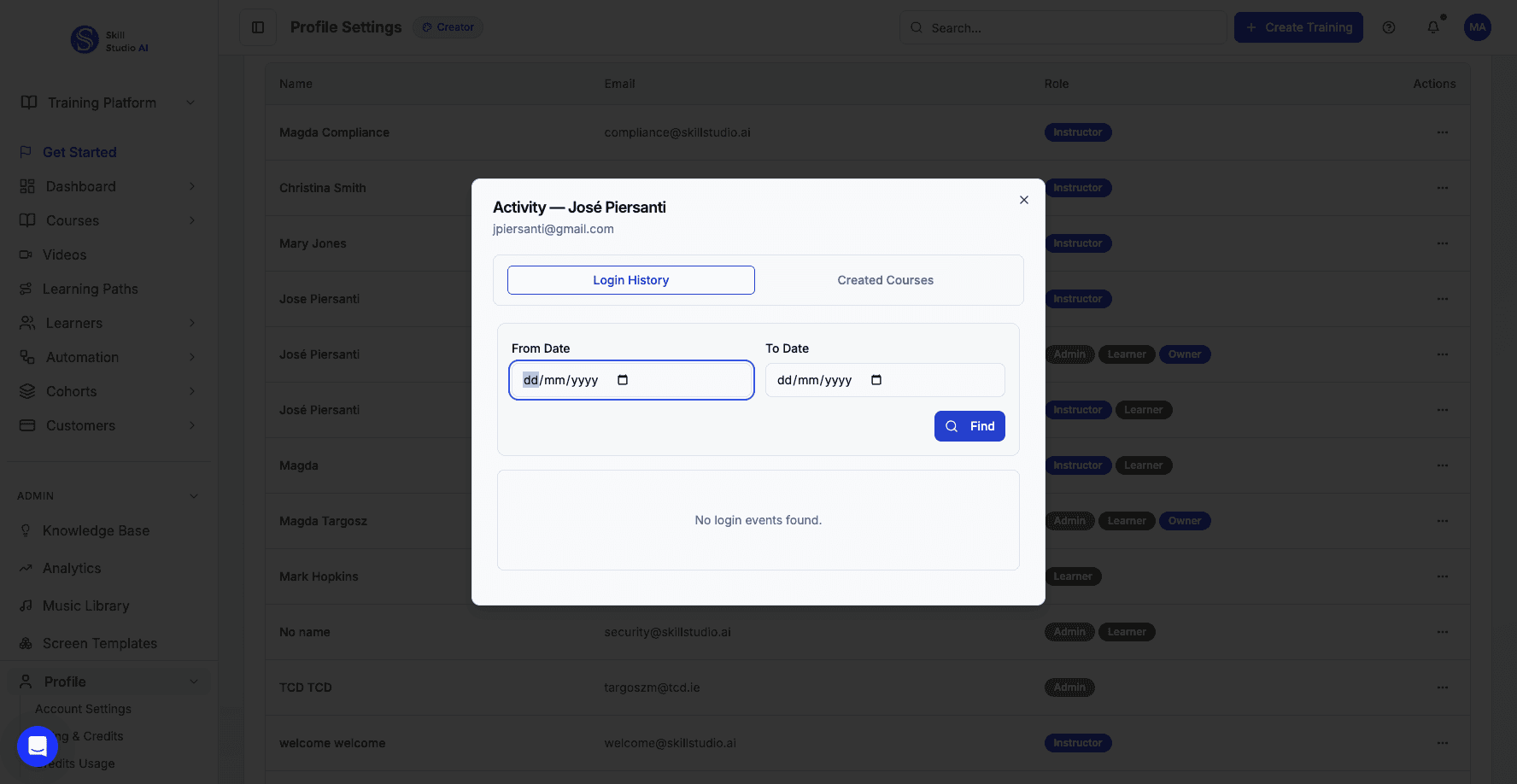 Set the end date filter to complete your activity date range.