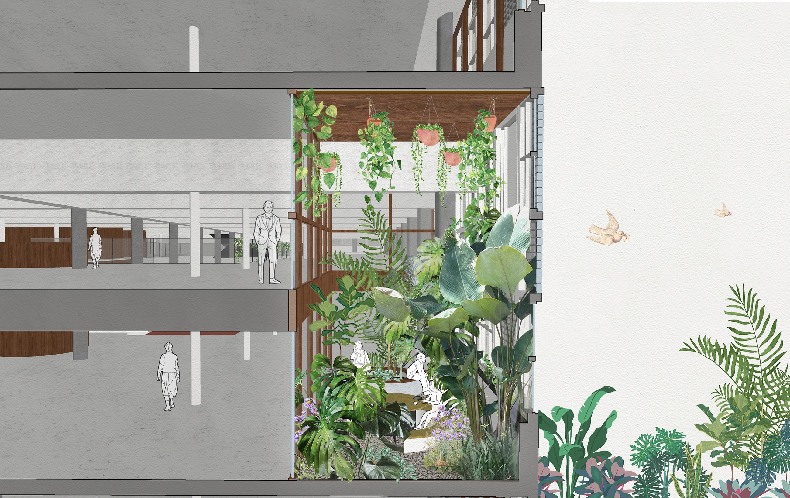 Section drawing showing indoor winter gardens connection two floors inside the stationspostgebouw