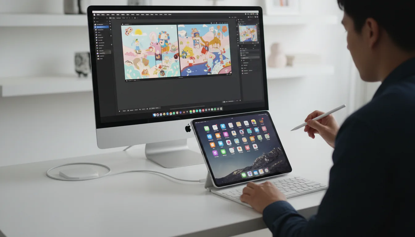 Over-the-shoulder DSLR photograph of a person at a minimalist white desk using an iPad Pro with a white Magic Keyboard. The iPad is connected to a large external monitor, similar to an Apple Studio Display, extending its screen. The monitor displays a creative application with a digital canvas showing illustrations and UI elements, while the iPad screen shows a grid of colorful app icons in dark mode. The scene is captured with bright, soft studio lighting, creating a clean and modern aesthetic. Shallow depth of field with sharp focus on the hardware.