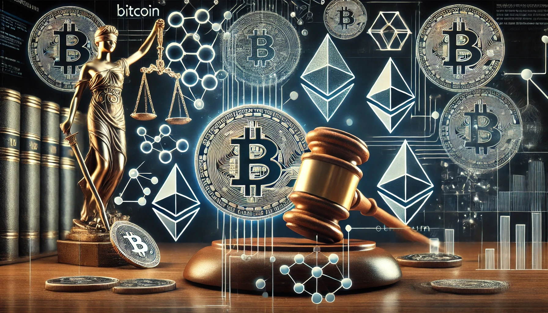 digital collage of cryptocurrency symbols overlaid with legislative icons, representing the intersection of digital assets and regulation