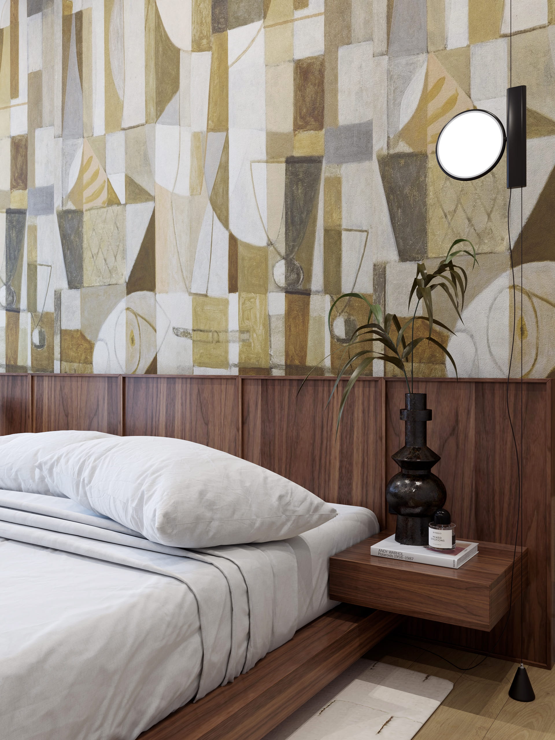 Terra Patterna Apartment - Bedroom design detail with abstract geometric wallpaper in gold, beige and cream palette