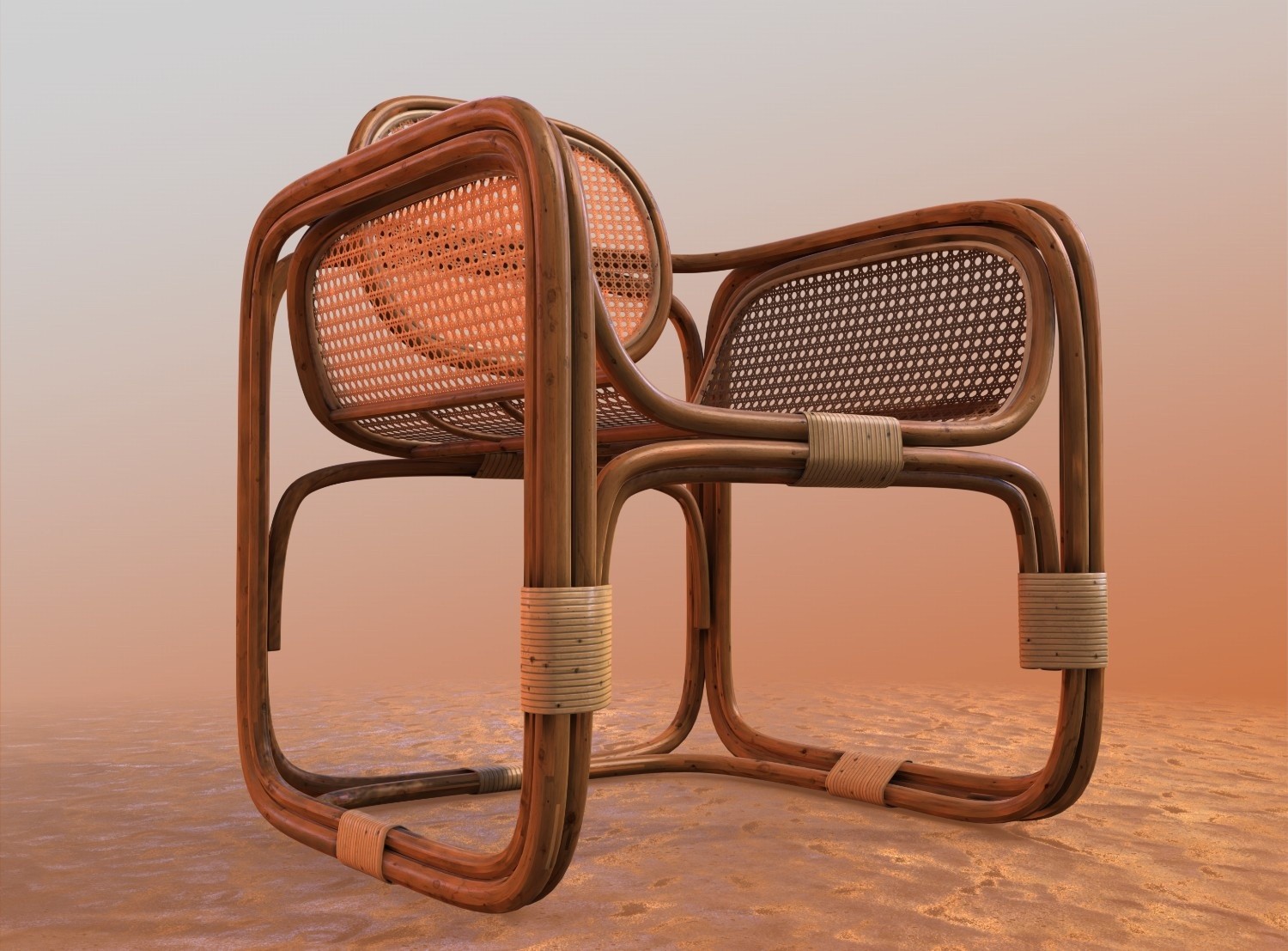 3D render of a rattan lounge chair with curved bamboo frame and woven cane backrest, displayed in a warm desert-toned environment.