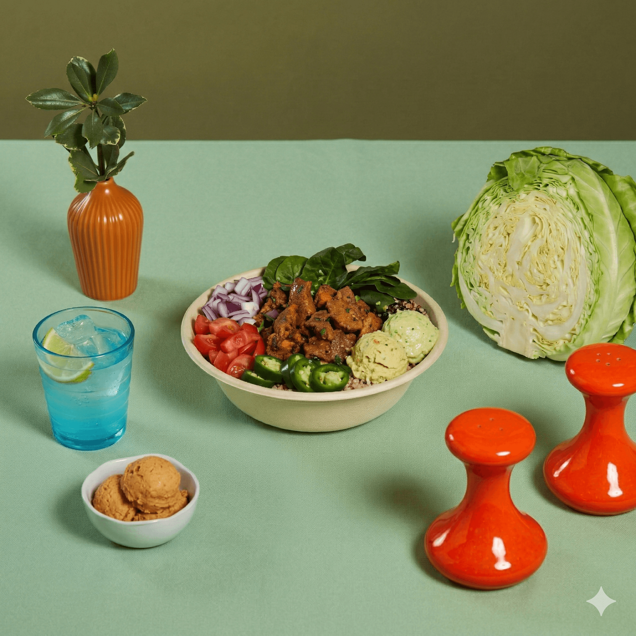 shot of bowl on a sage green table with a half head of cabbage, a small container of hummus, two red ceramic salt and pepper shakers, a blue glass cup with a lemon wedge, and a terracotta colored ceremic vase in the background